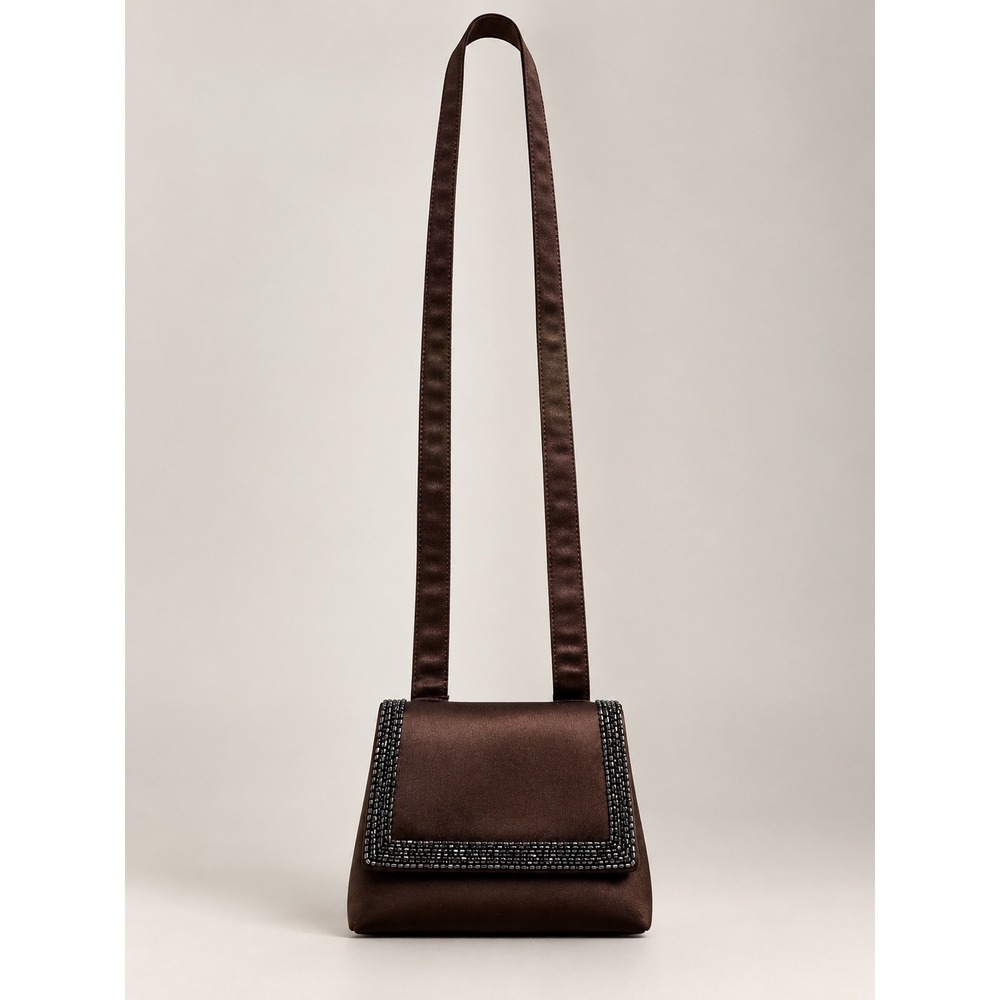 Chanel Vintage Brown Satin Beaded Flap Evening Bag with Stitched CC Logo